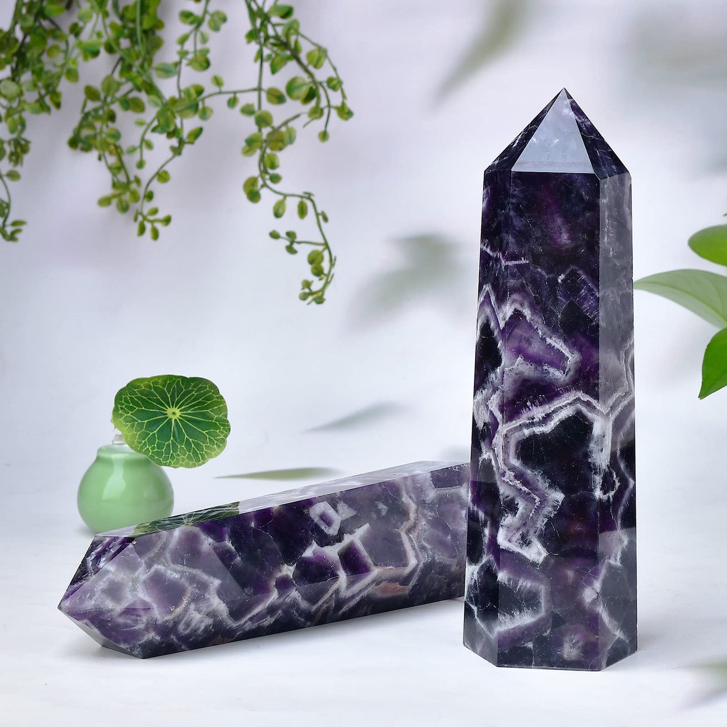 FZBHRO Large Crystal Towers Chevron Amethyst Wand 6 Faceted Quartz Point Purple Healing Crystal Stone Obelisk for Meditation Gifts 0.8-1.3 Pound