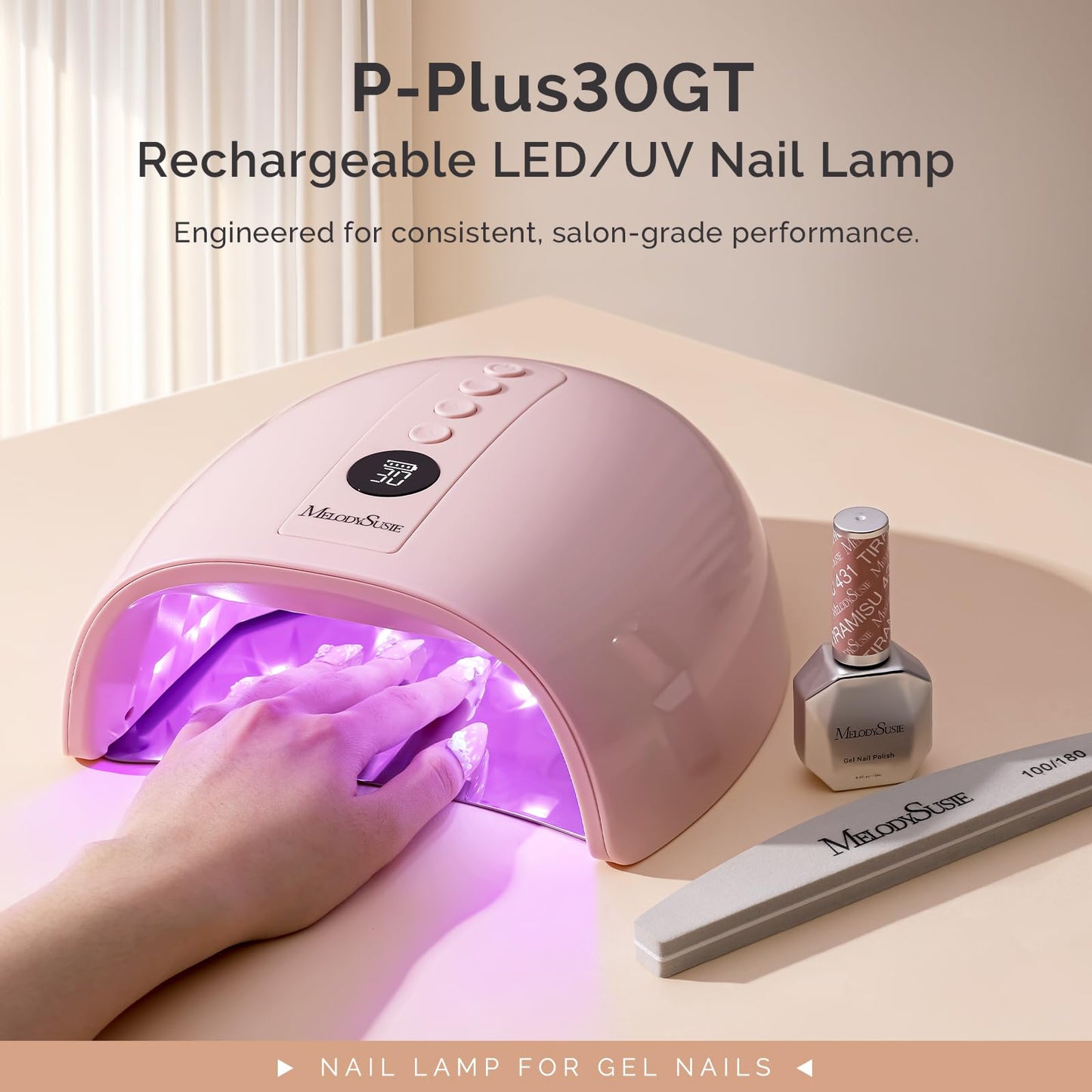MelodySusie Professional Cordless UV Nail Lamp with Metal Base, P-Plus30GT Nail Dryer with Smart Sensor for Salon & DIY Home Use Fast Cures All Hard Gels, Especially Extension & Glitter Gel Polishes