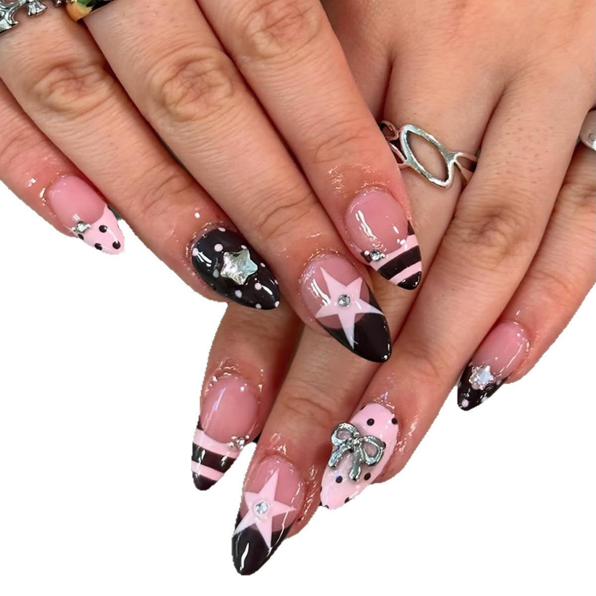 OCTOSWAVE Pink and Black Press on Nails Long Almond - Y2K Star Design Fake Nails with 3D Bow & Rhinestones - 24 Pcs Glossy Glue on Nails, Salon-Style DIY Manicure Kit for Women and Girls