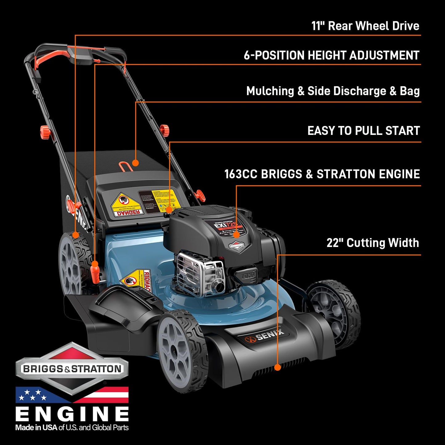 SENIX 163 cc 22-Inch Self Propelled Gas Lawn Mower with 4-Cycle B&S Engine, 3-in-1 Rear Wheel Drive Variable Speed Lawnmower, 6-Position Height Adjustment, LSSG-H2