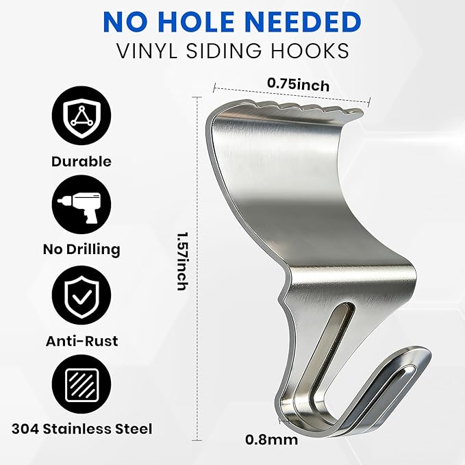 FURWEY 60 Pack Vinyl Siding Hooks, No Hole Vinyl Siding Clips, Heavy Duty Stainless Steel, for Outdoor & Festive Decoration (60P)