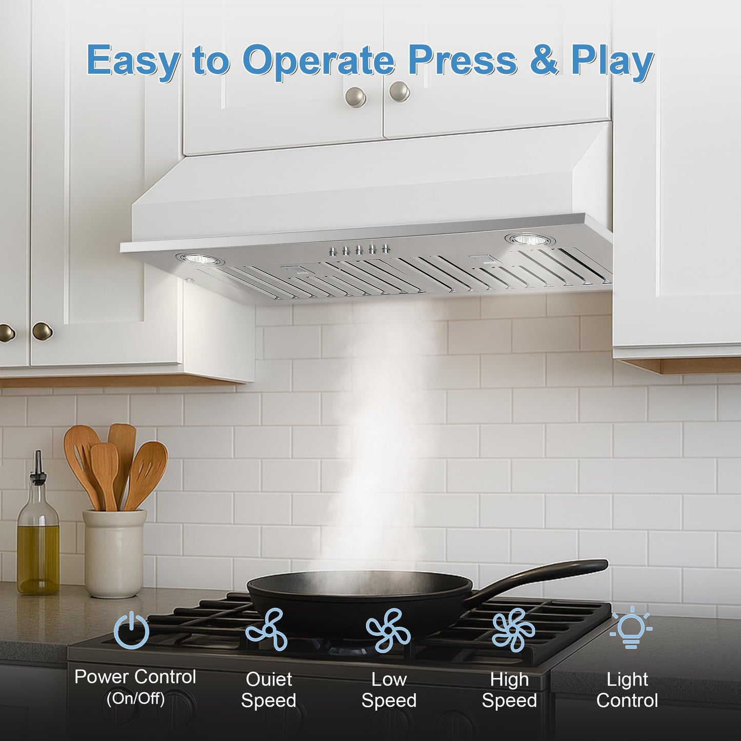 HomeBeyond 28-inch Insert/Built-in Range Hood 600 CFM Stainless Steel Kitchen Chimney Vent 1 Blower 3 Speed Button Control with LED Lights
