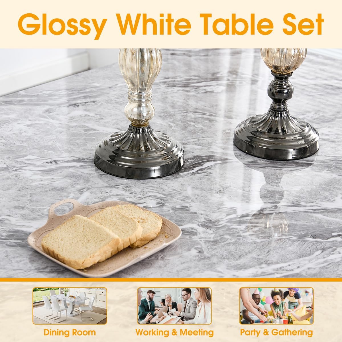 JUFU Dining Table Set for 6 with Chairs PU Upholstered, 63'' Gray Faux Marble Dining Room Table and Chairs, Modern 6 Piece Dining Table Set, Rectangle Dinner Table Set for Dining Room and Kitchen