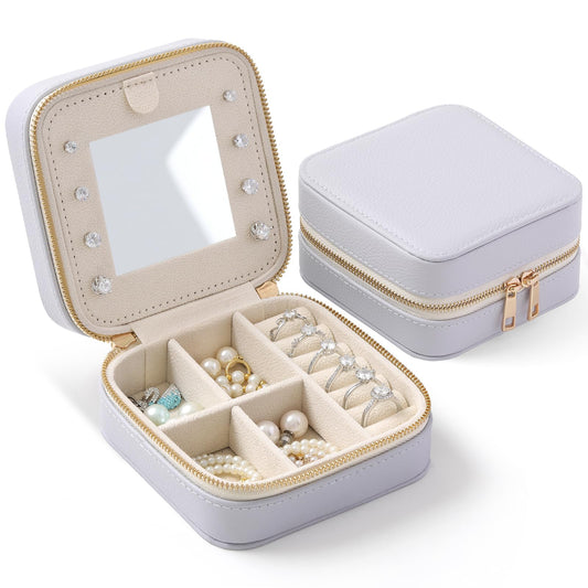 NGVRC Genuine Leather Travel Jewelry Organizer Case with Mirror for Women, Small Mini Portable Jewelry Box for Ring Earrings Necklace Bracelet Luxury Gift for Women（Lilac）