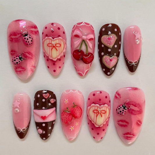 30Pcs Summer blush Press on Nails Medium Almond Fake Nails Gradient Bow Nails with French Love Strawberry Polka Dot Pearl Design Handmade Nails Exquisite Cute Stick on Nails for Women