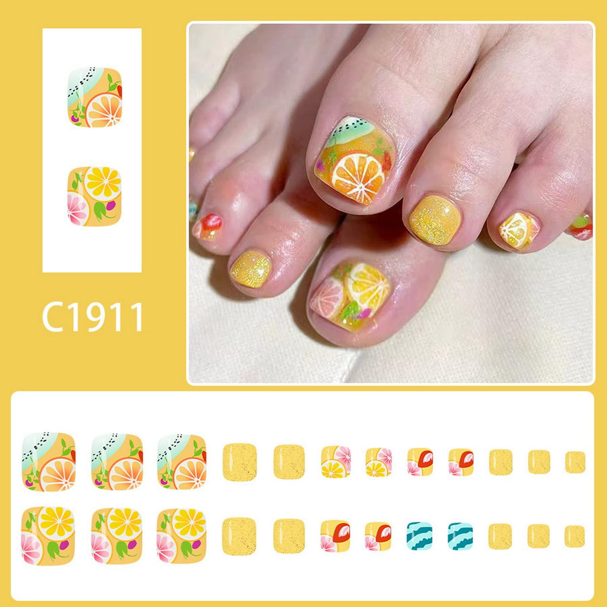 Summer Press on Toenail Short Square Fake Toenails Full Cover Yellow Press ones with Lemon Fruit designs Hawaii False Toenails Cute Artificial ToeNail for Women Beach Manicure Kit24pcs