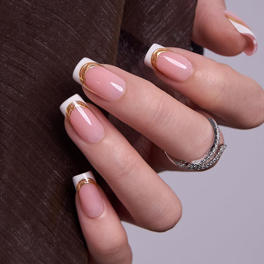 CurvLife Soft Gel Square French Tip Press-On Nails Medium, Reusable Fake Nails with Glue & Adhesive Tabs, 30PCS Salon-Quality Stick-On Nails for At-Home Manicure (Gilded Blush)