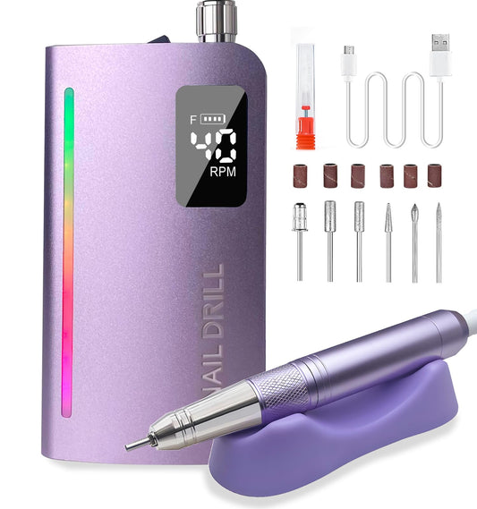 Electric Nail Drill Machine - 2-in-1 Professional Coreless Motor Nail File, 40000 RPM 6000mAh Portable Efile for Acrylic Gel Nails with 7 Bits &Type C , E-File Electric Nail File Kit for Salon & Home