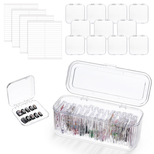 COMNICO Press On Nail Packaging Box 14 PCS Clear Press On Nail Storage Boxes and 1 Big Storage Box with 54 Pcs Adhesive Double Sided Tape, Acrylic Nails Display Case Independent Packaging Dustproof