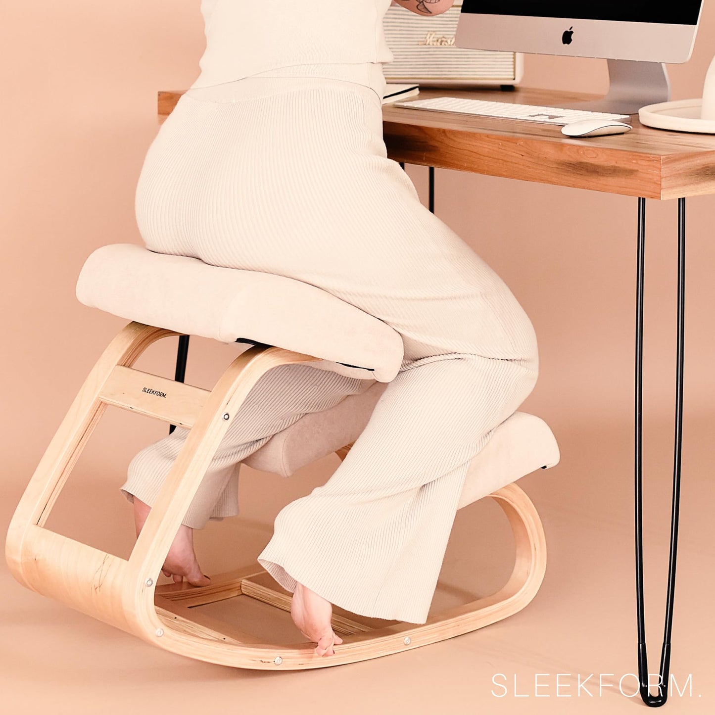 Sleekform Wooden Folding Desk, Small Folding Table Portable with Collapsible Hairpin Legs, Austin Kneeling Chair, Home Office Ergonomic Computer Desk Stool
