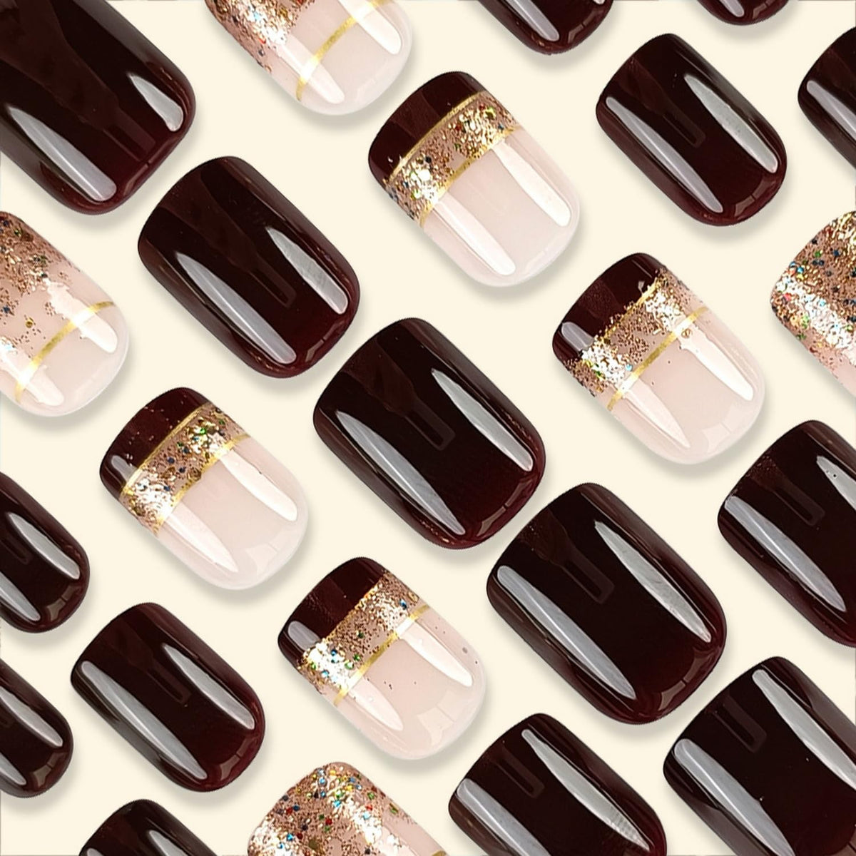Fall Press on Nails Short Brown Fake Nails Glossy Full Cover Square False Nails with Glitter Design Stick on Nails for Autumn Press ones Reusable False Nails for Women Girls DIY Manicure 24Pcs