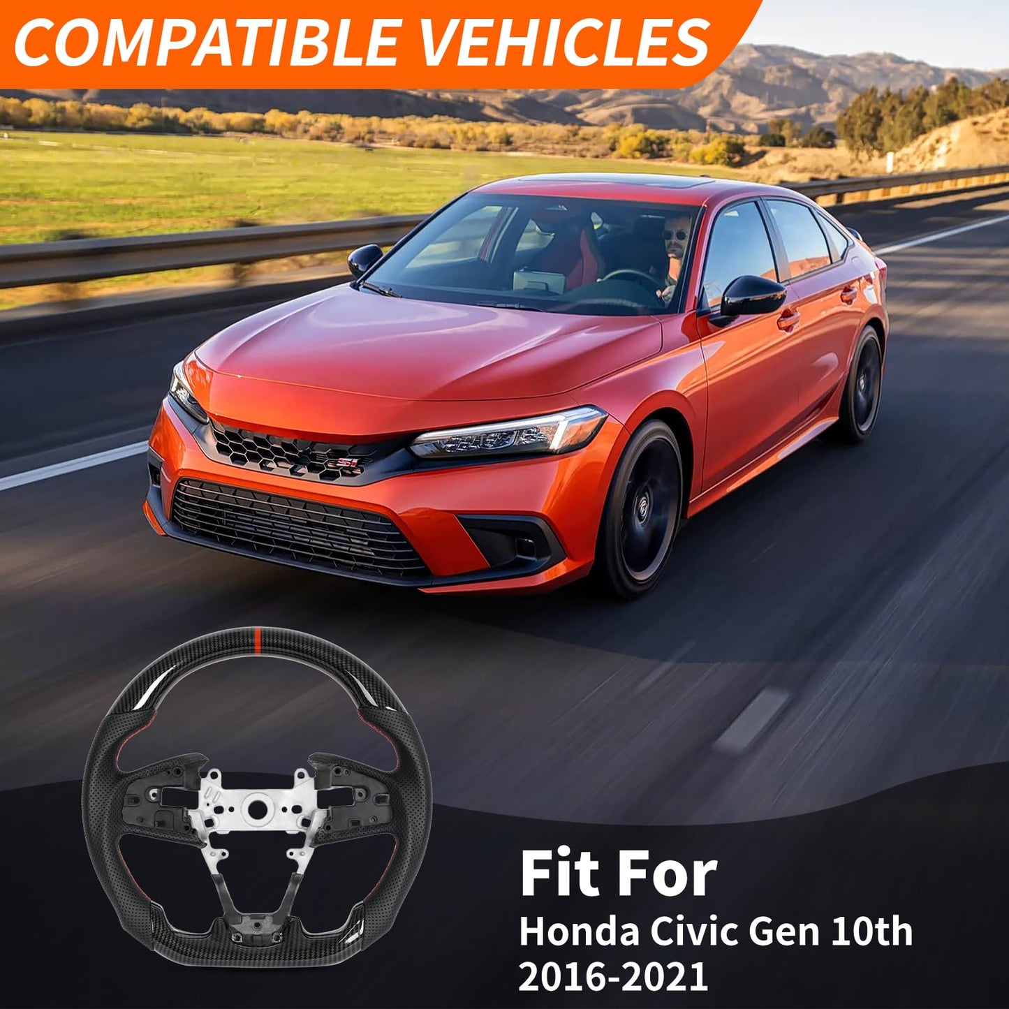 JIANGGAI Steering Wheel,Hydro Dip Carbon Fiber Steering Wheel Fits For Honda Civic Gen 10th 2016-2021,Type R FK8 2016 2017 2018 2019 2020 2021,Microfiber Leather & Red Indicate