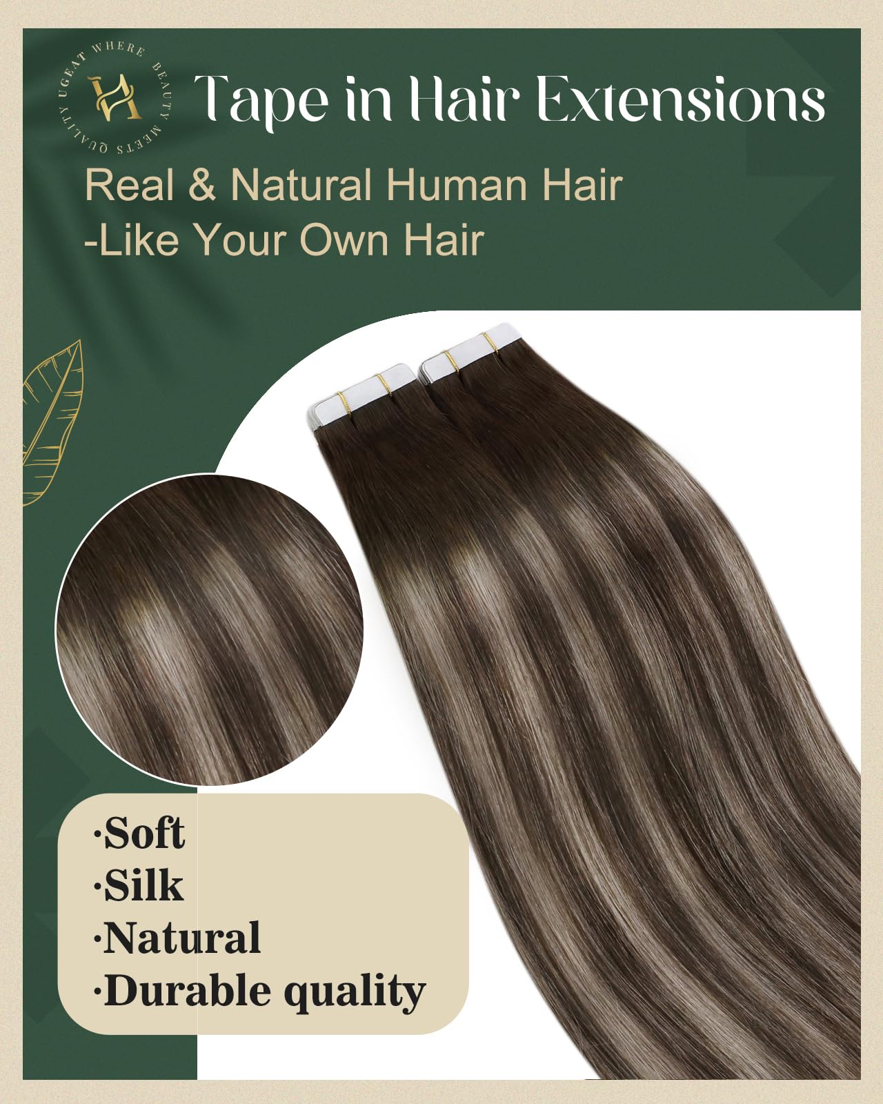 Ugeat 18 Inch Tape in Hair Extensions Human Hair Balayage Invisible Tape in Human Hair Extensions Ombre Dark Brown with Ash Blonde Hair Extension Tapes ins Easy to Use for Women 20Pcs 50G