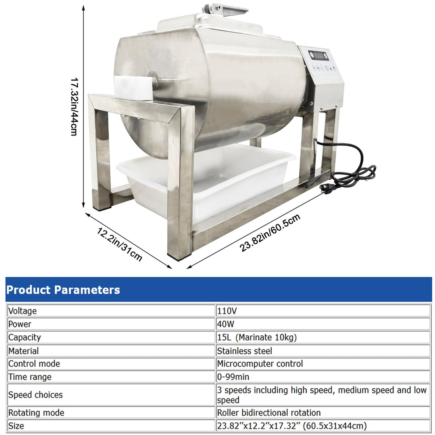 INTBUYING Electric Meat Vegetable Tumbler Marinator with Vacuum Pump Meat Tumbler 360°Rotation with Timer 110V 40W for Shop Restaurant Cafeteria