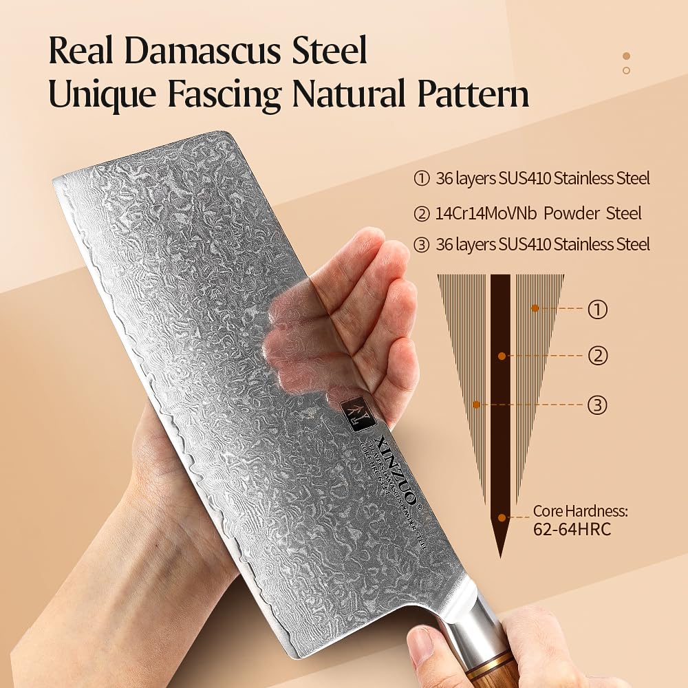 XINZUO Cleaver Knife 7.5 Inch, 73 Layer Damascus Steel Powder Steel Core Chinese Chef's Knife, Multifunction Vegetable Meat Slicing Knife with Olive Wood Handle -Lan Series