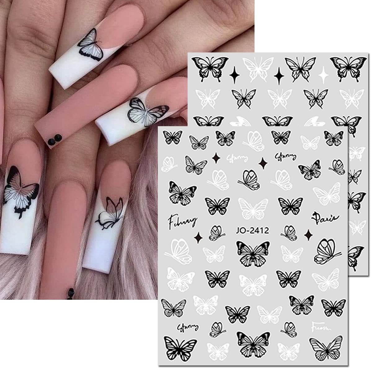 6 Sheets Butterfly Nail Art Stickers Decal 3D Self-Adhesive Nail Decals Holographic Black White Butterflies Star Nail Art Supplies Butterfly Designer Nail Stickers for Acrylic Nails Art Decorations