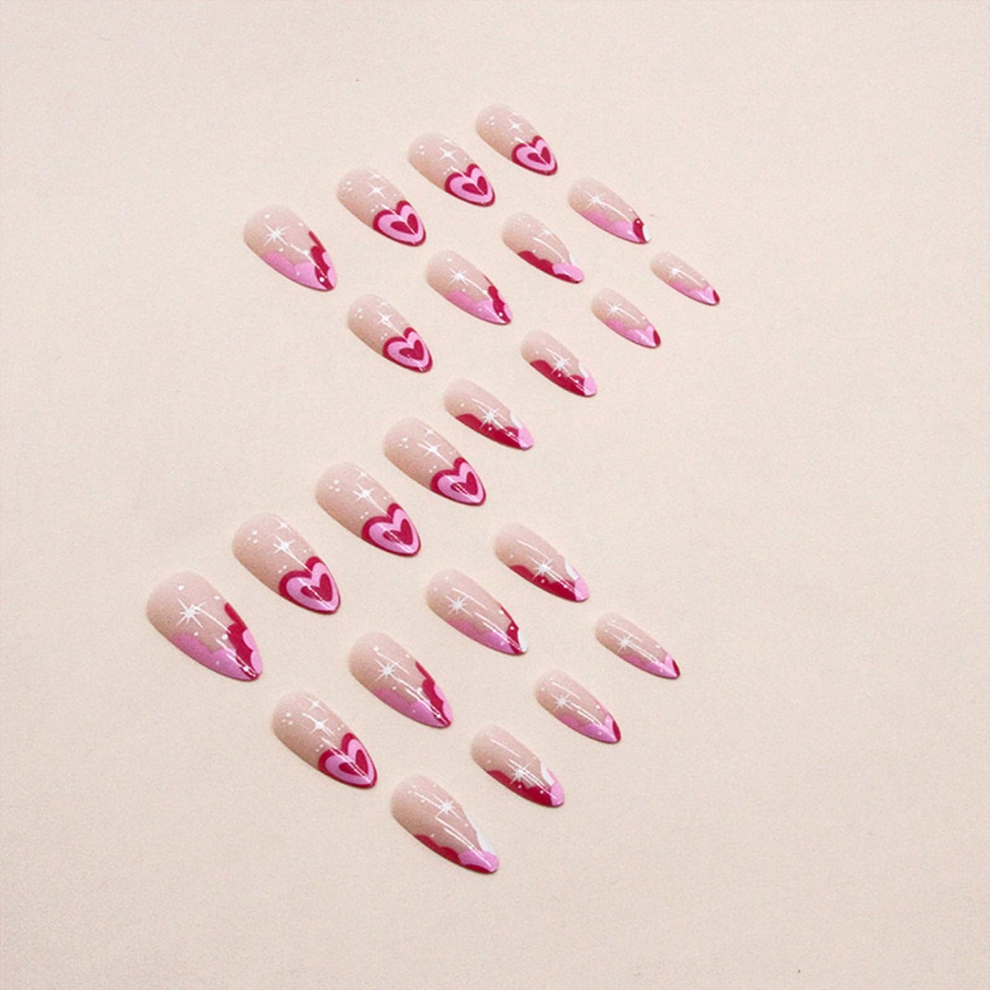 French Tip Press on Nails Pink Heart Fake Nails Medium Almond False Nails with Designs Star Pink Heart Glue on Nails Nude Full Cover Glossy Acrylic Nails for Women Girls 24 Pcs