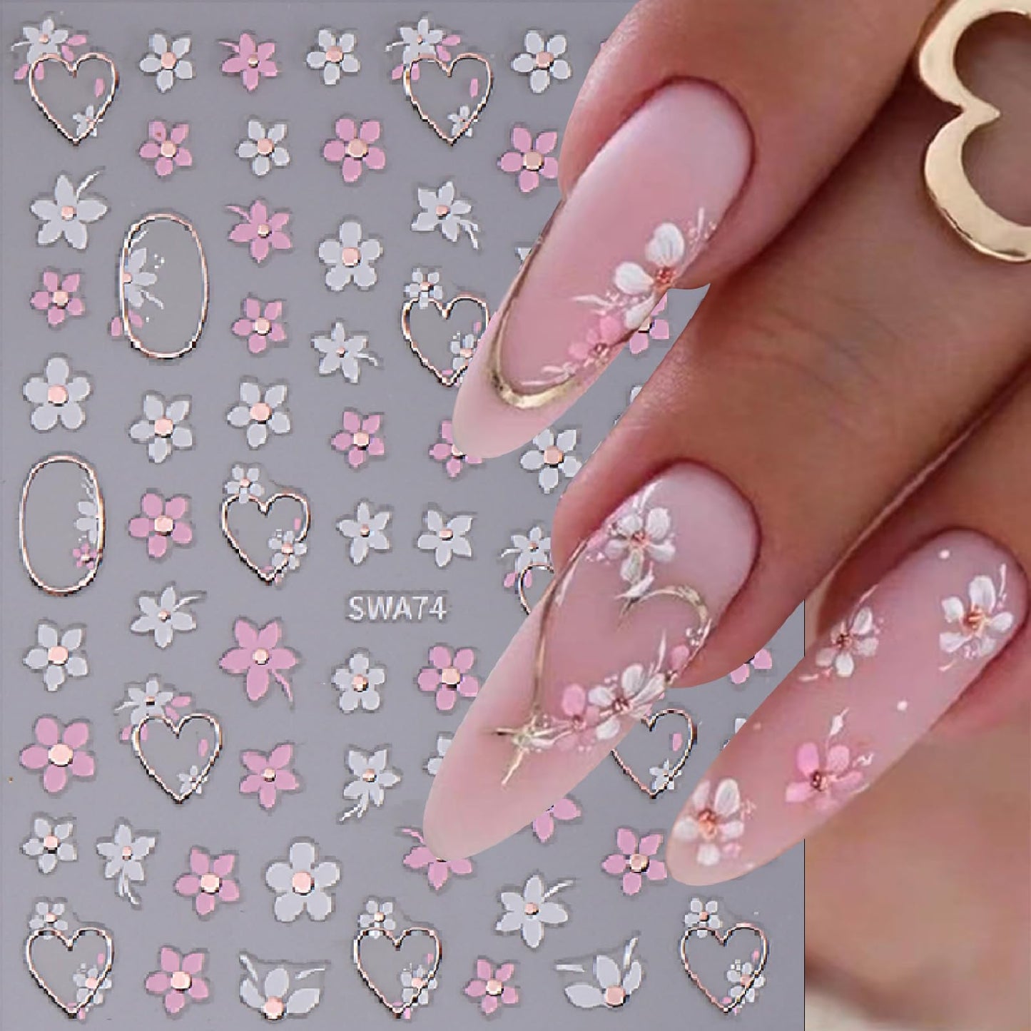 5 Sheets Flower Nail Art Stickers 3D Self-Adhesive Spring French Pink Daisy Floral Design Decals Summer Sunflower Nail Stickers Women DIY Decoration