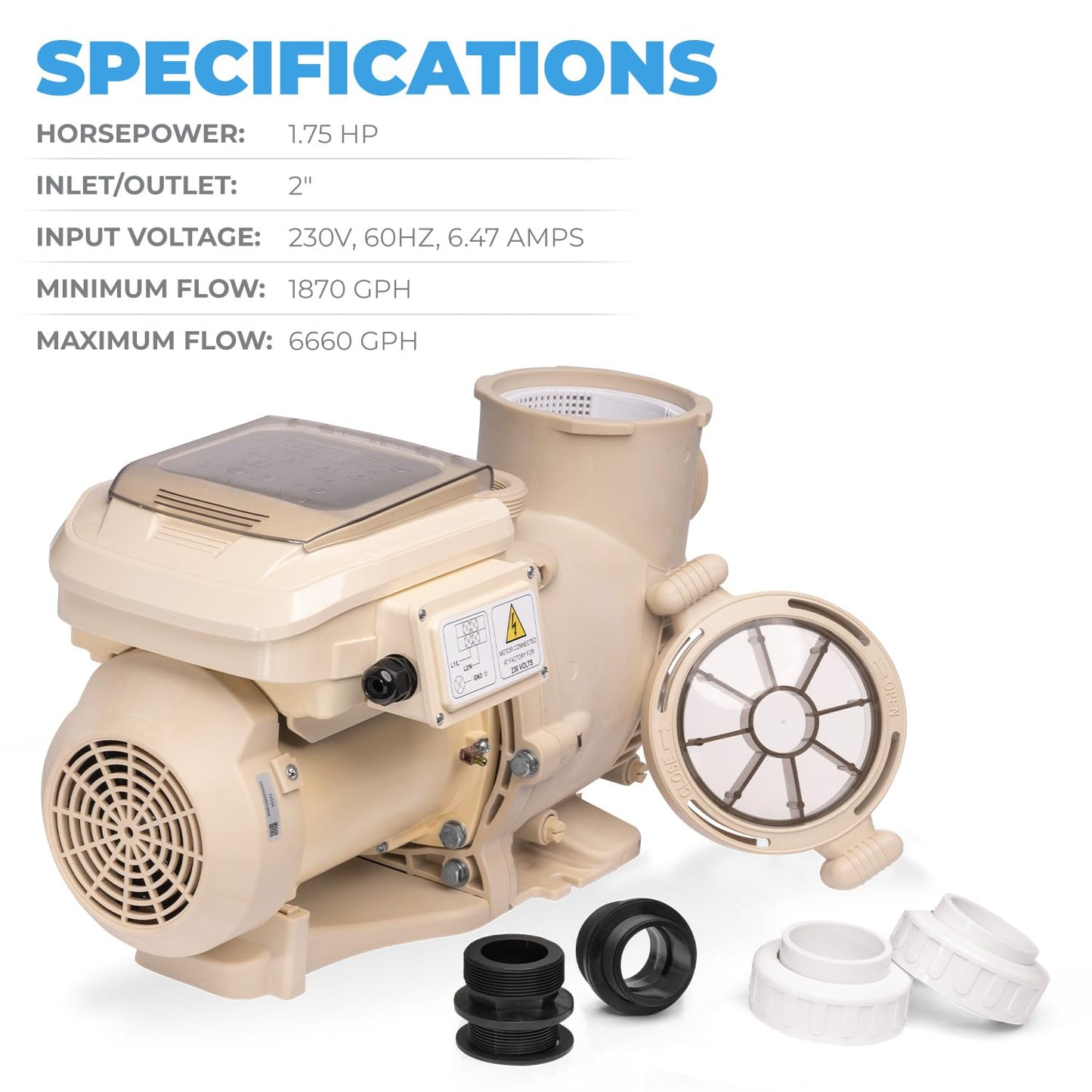 XtremepowerUS 1.5 HP Variable Speed Swimming Pool Pump 230V, In-Ground Pool, 6,660 GPH High Performance Max 1.75HP