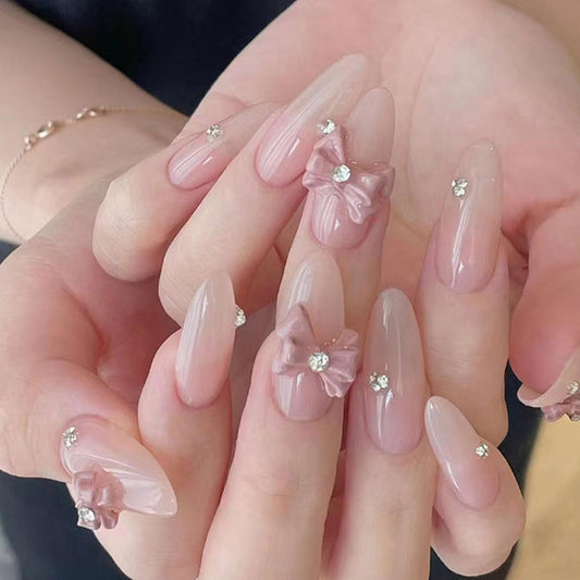 Hkanlre Long Press on Nails Pink Cute Fake Nails Tips Full Cover Almond False Nails for Women and Girls 24PCS