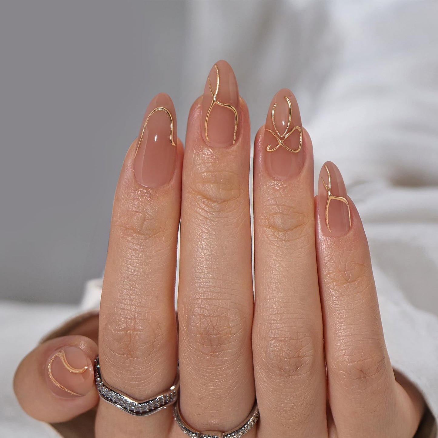BTArtbox Press On Nails Almond - Fall Press On nails with 3D Gold Lines Design, Medium Glue On Nails with Nail Glue, Gold Swirl Stick On Nails in 15 Sizes, White French & Radiant Ribbons