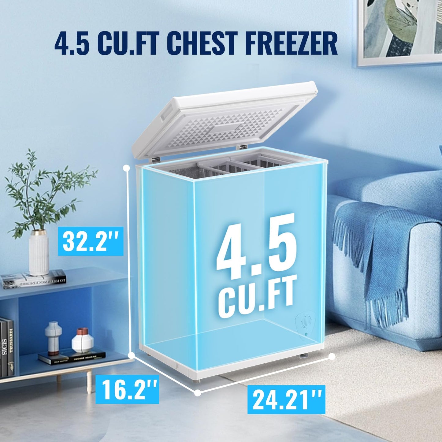 TACOOL Chest Freezr with Wheels Deep Freezer for Bulk Storage Top Open Door 2 Removable Baskets 7 Modes Temperature for Home Apartment Kitchen White