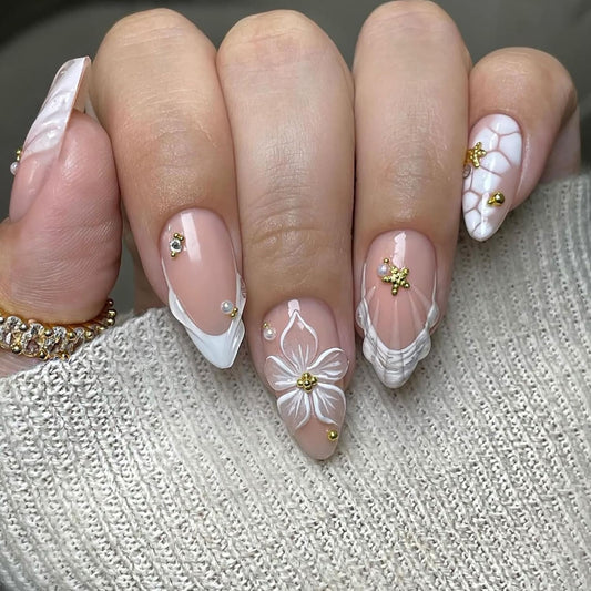 24Pcs Summer Press on Nails Medium Almond White French Tip Fake Nails with 3D Designs Summer Flower False Nails Gold Starfish Rhinestones Stick on Nails 3D Shell French Tips Acrylic Nail for Women