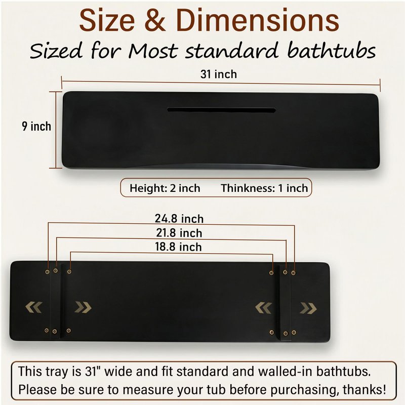 Elegant Black Bamboo Bathtub Tray Caddy for Standard Tub, 31" L Adjustable Bath Tray for Tub, Luxury Spa Bathroom Tray Organizer Table, Bath Tub Accessories for Women, Housewarming, Birthday Gifts