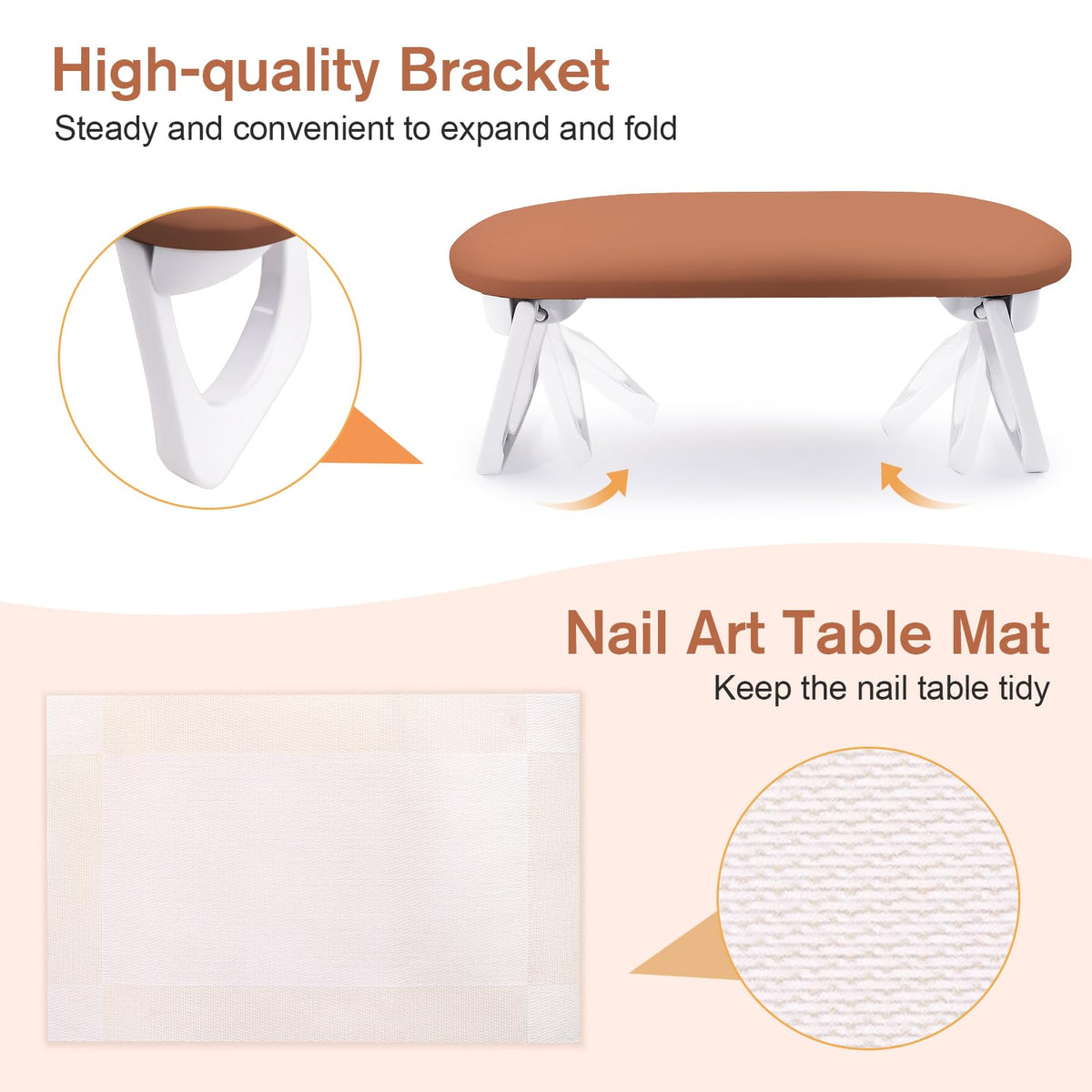 Subay Arm Rest for Nails Tech, Foldable PU Leather Nail Hand Rest for Hand Holder, Arm Rest Pillow Stand with Nail Art Table Mat for Manicure, Nail Art Accessories Tool for Salon Home Use - Caramel