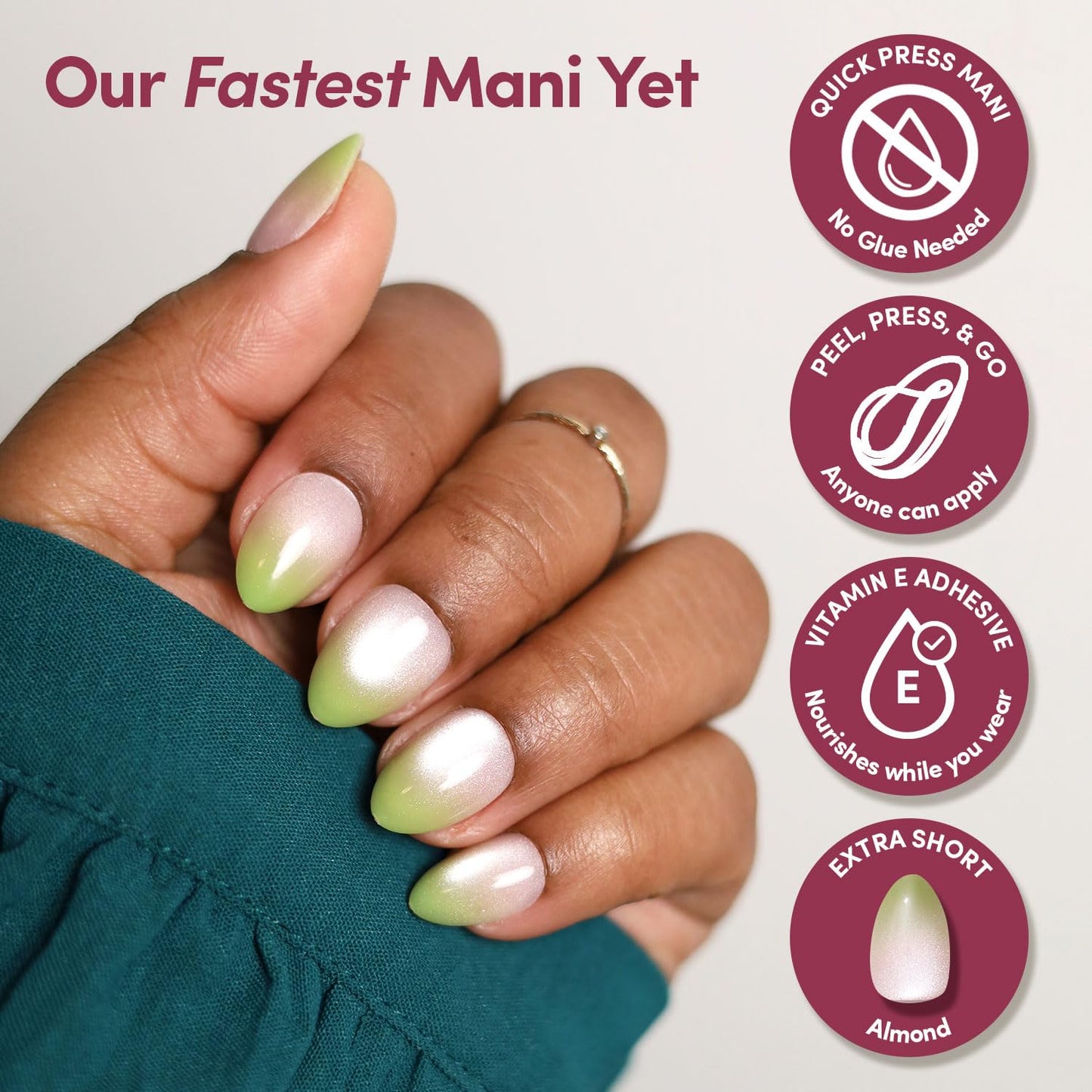 Glamnetic Quick Press Mani Bundle - No Glue Press On Nails, Just Peel and Stick | Lime Beam & Velvet French | Mess Free Salon Quality Stick On Nails | Almond & Round Extra Short Nails