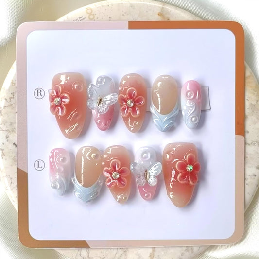 30Pcs Summer Press on Nails Medium Almond Fake Nails 3D Butterfly Flower Design Colorful French Tip False Nails Rhinestone Acrylic Nails Water Ripples Pink Gradient Flowers Stick on Nails for Women