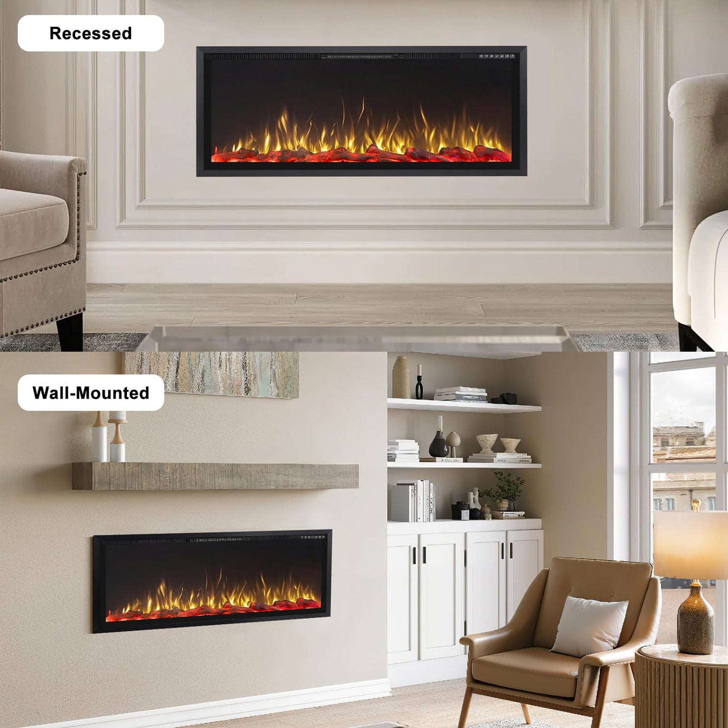 PRETZI 60" Electric Fireplace Ultra Narrow Aluminum Frame & Wide Screen, Electric Fireplace Inserts/Wall Mounted with Heater, Adjustable Flame Color and Brightness, Remote Control/Timer, 750/1500w