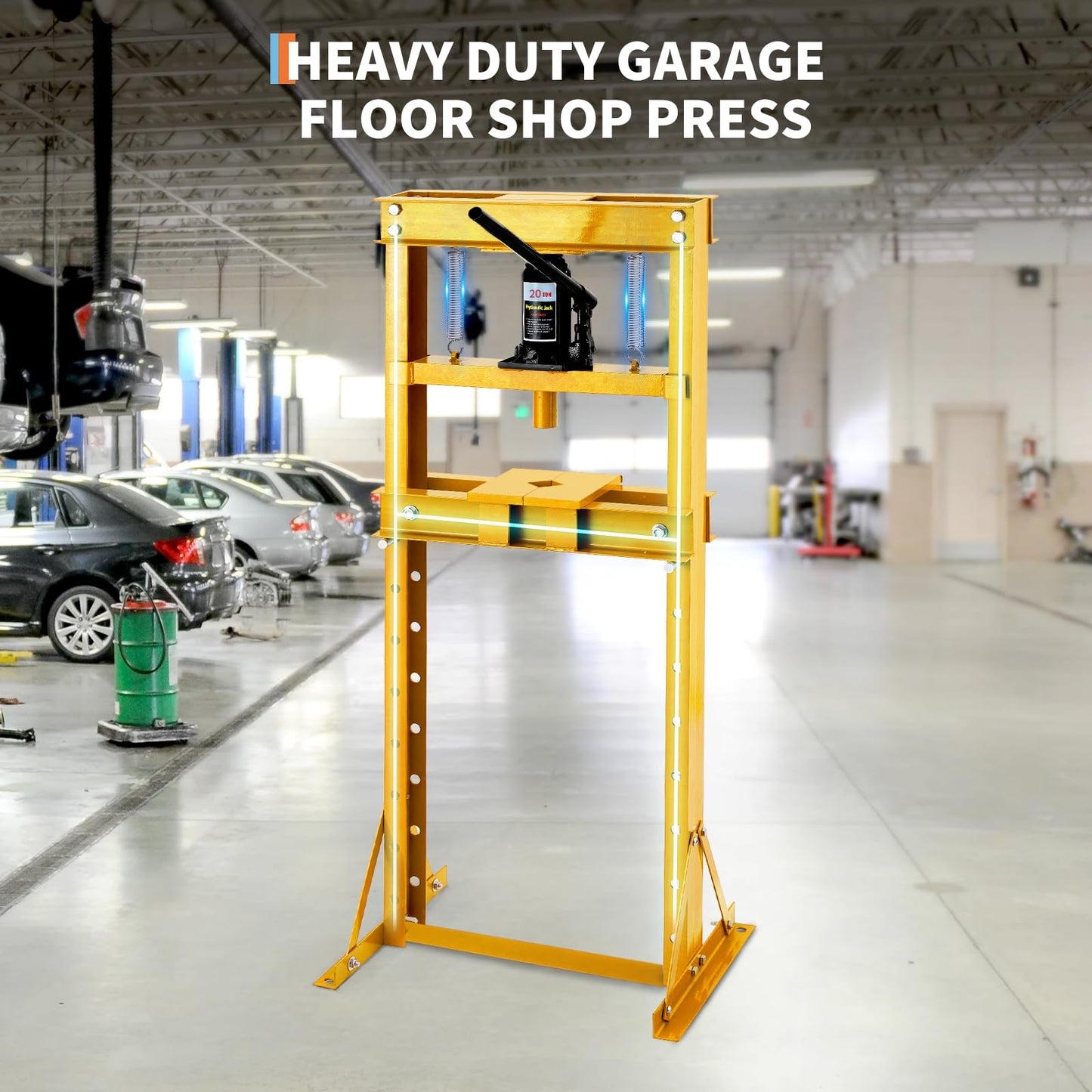 20 Ton Hydraulic Shop Press, Heavy Duty H-Frame Floor Bearing Press with Steel Plates & Adjustable Bed, for Garage Bending, Bearing, U-Joint, Metalworking (Yellow)