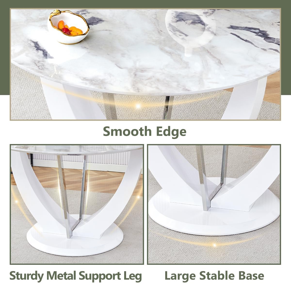 JUFU Round Dining Table Set for 4, 47" White Dinner Table Set for 4 with Marble Pattern Tabletop and PU Upholstered Black-007 Chairs, Modern 4 Chair Dining Table Set for Dinning Room, Living Room