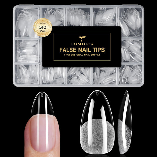 TOMICCA Medium Almond Nail Tips 510PCS, 15 Sizes Gel Nail Tips for Full Cover Half Matte Clear Acrylic Nails, Nail Tips Almond Shaped for DIY Salon, Gel Nail Extension Tips for Beginners & Nail Techs