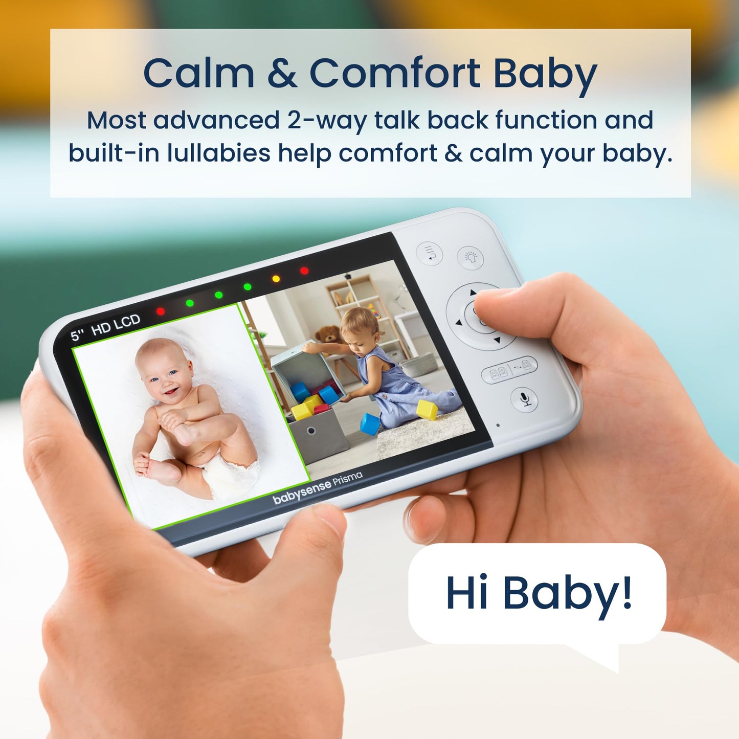 Babysense Prisma Baby Monitor with Camera and Audio, 5” HD Video Baby Monitor, 6-Color Night Light, Split Screen, Baby Sound Machine with White Noise & Lullabies, Secure No WiFi