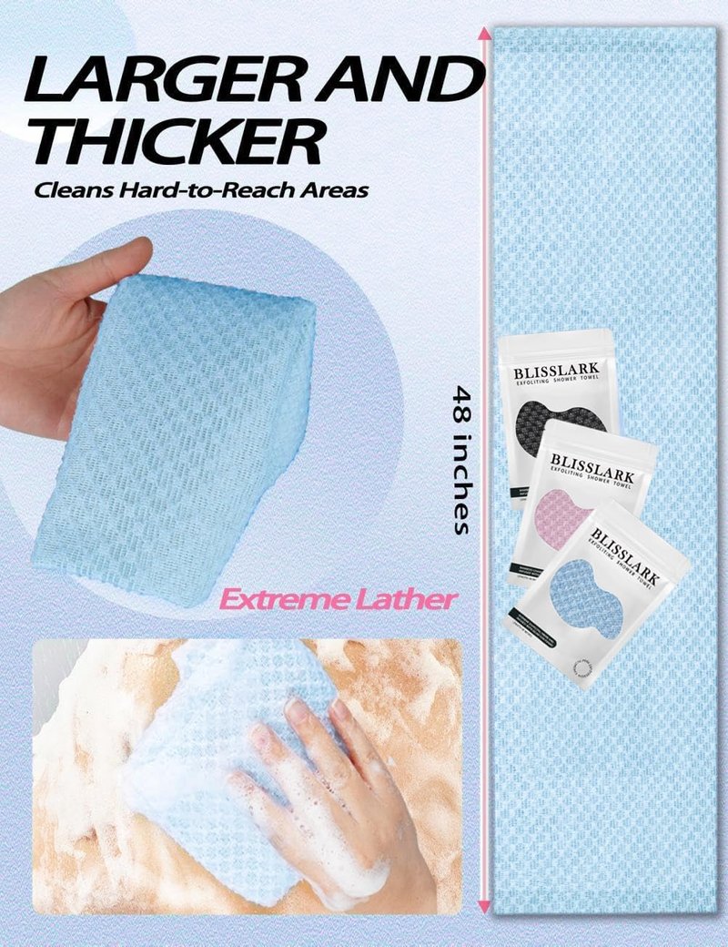 BLISSALRK Exfoliating Shower Towel 48",Premium Scrub Wash Cloth for Body Face, Exfoliating Washcloth for Men and Woman (Blue)