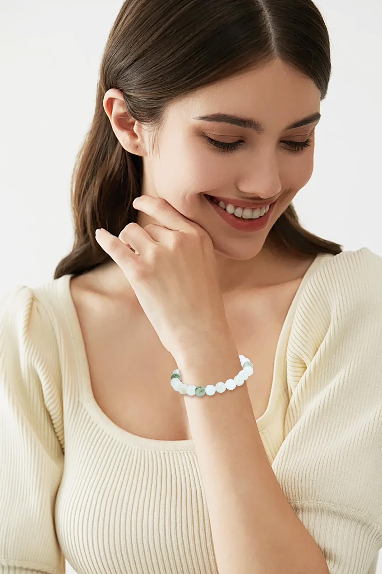 AD Beads 4mm Handmade Tianshan Jade Elastic Bracelet Natural Gemstone for Purity and Tranquility Meditation, Yoga, Healing and Energy Gift for Men Women