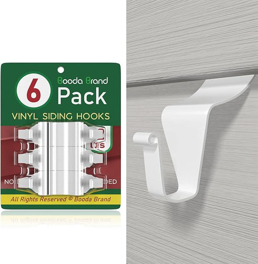 Booda Brand Vinyl Siding Hooks for Hanging (6 Pack), No Nails Needed Siding Hooks Vinyl Siding Clips, Heavy-Duty Stainless Steel Siding Hangers for Hanging Wreaths, String Lights, White