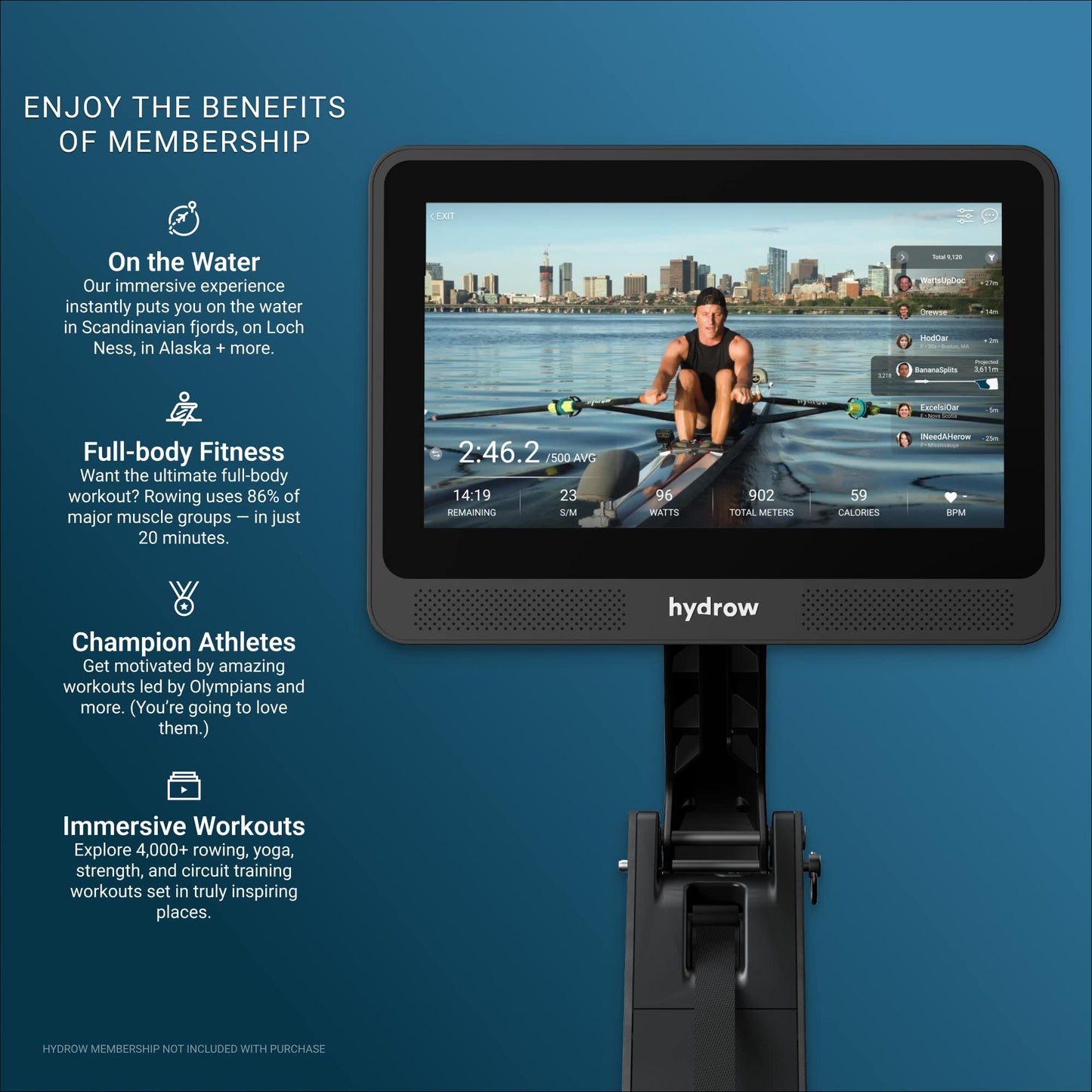 Hydrow Wave Rowing Machine with Immersive 16'' HD Touchscreen - Live Home Workouts Membership (Sold Separately), Electromagnetic Drag Technology, 375 lb Weight Capacity, Pirate Black (MNRW02A)