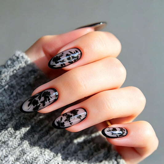 24Pcs Y2k Black French Tip Press on Nails Medium Almond, Goth Floral Designs, Glossy Full Cover Fake Nails, Reusable Glue on Nails with Acrylic Effect,Nude Nails Press ons for Women