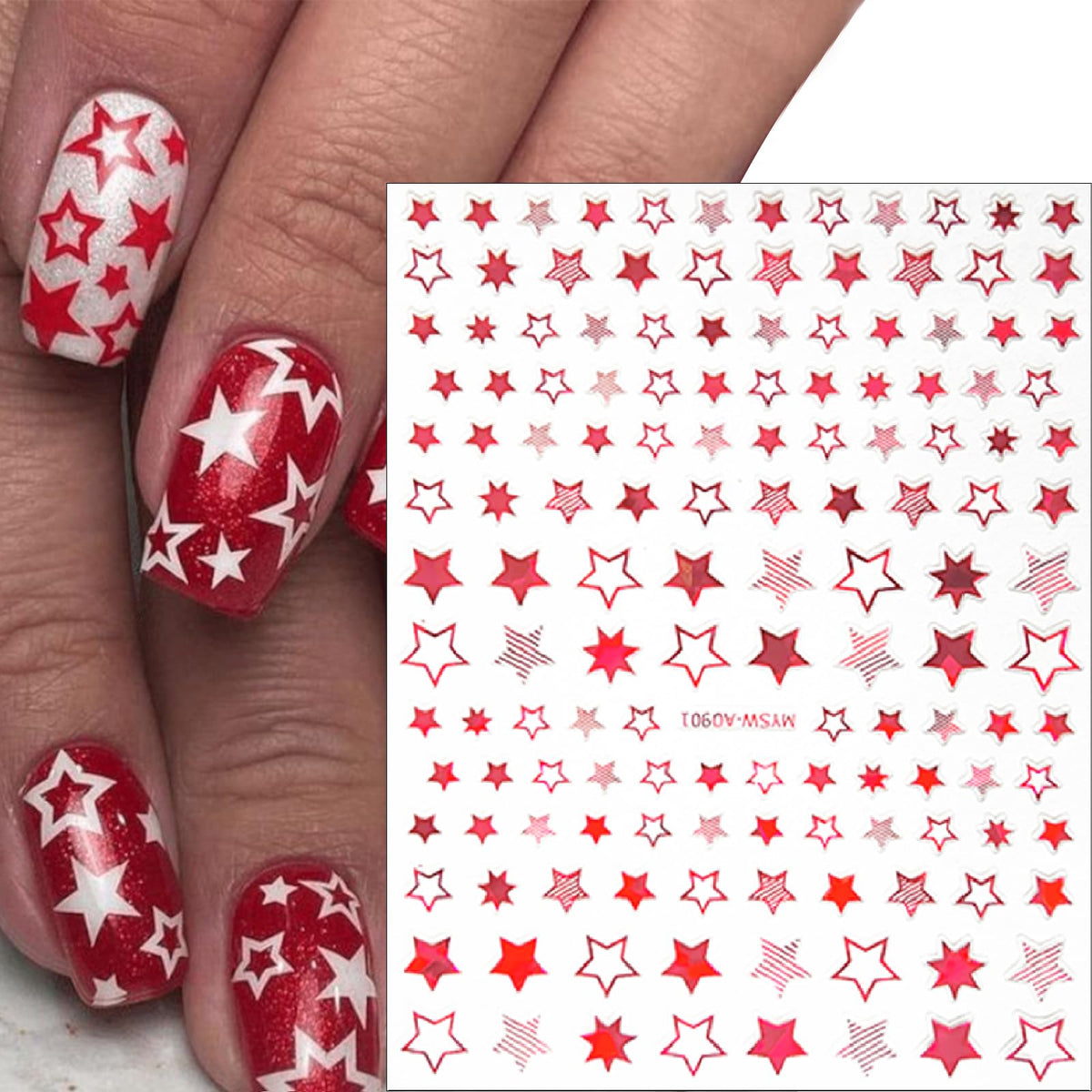 9 Sheets Shiny Twill Star Nail Stickers 3D Self-Adhesive Holographic Laser Color Gold and Silver Five-Pointed Star Design Women Girls Nail Art Decoration