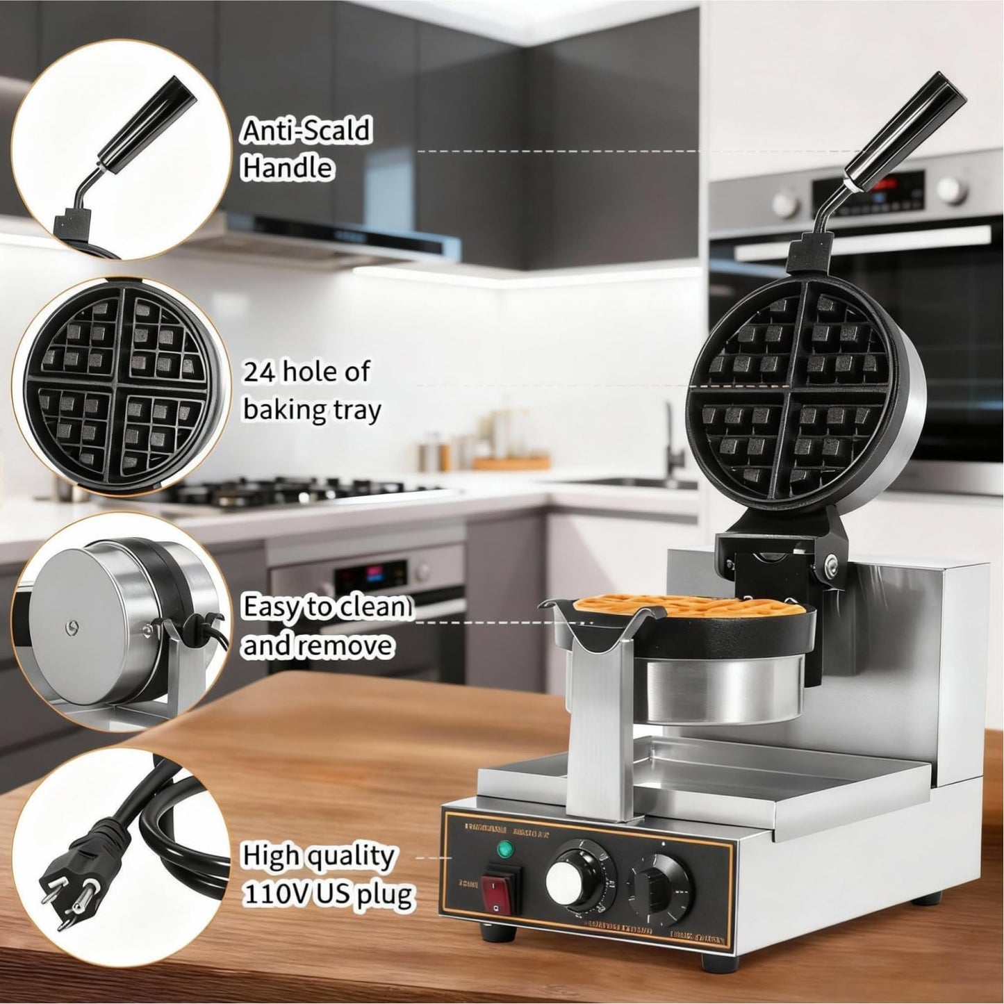 WICHEMI Commercial Belgian Waffle Maker Thick, Cast Iron Waffle Maker Rotating, 180° Flip Nonstick Time Control Temperature Adjustable 110v 1200w