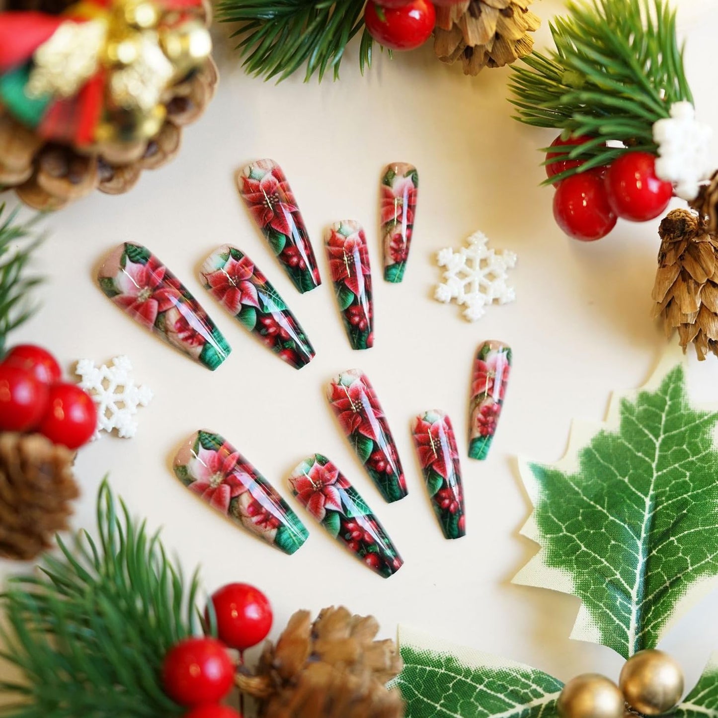 24Pcs CJDLTS Flower Press on Nails Long Ballet Artificial Acrylic False Nails Green Leaf Red Floral Design Stick on Nail Christmas Fake Nail Full Cover Winter Artificial Fingernails for Women Manicure