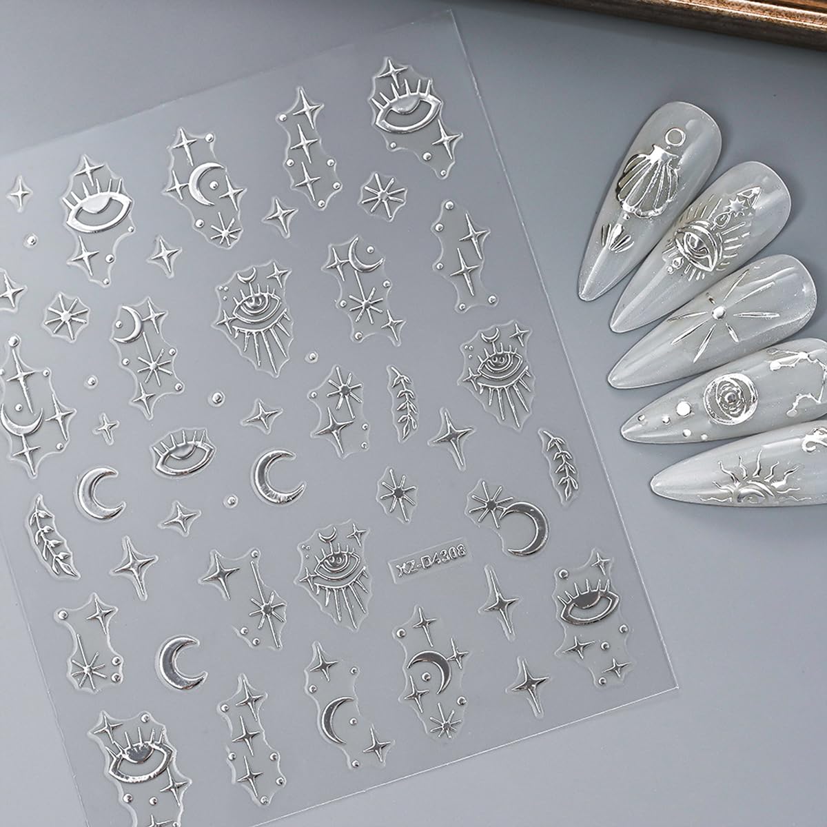 12 Sheets Silver Nail Art Stickers Star Nail Stickers Sun Moon Nail Decals Self Adhesive Evil Eye Nail Art Supplies for Women Girls DIY Manicure Nail Art Decorations