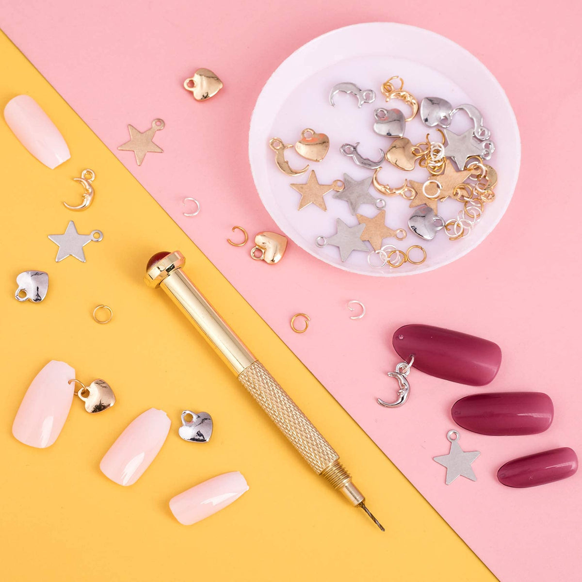 PAGOW 71 PCS Dangle Nail Art Charms, Nail Jewelry Rings with Nail Piercing Tool Hand Drill for Tips, Acrylic, Gels and Decorations
