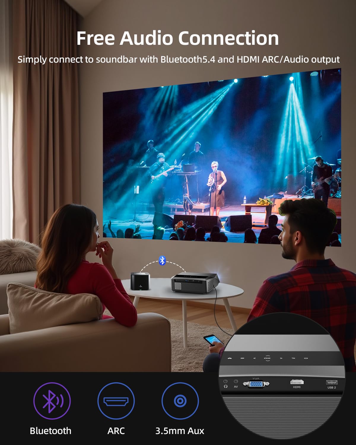 4K Auto Focus Daylight Projector Native 1080P High Brightness 2300ANSI, Smart WiFi6 Projector Ultra HD Ceiling Home Cinema, Indoor Oudoor Party Wedding with Bluetooth Streaming Apps HDMI USB Ethernet