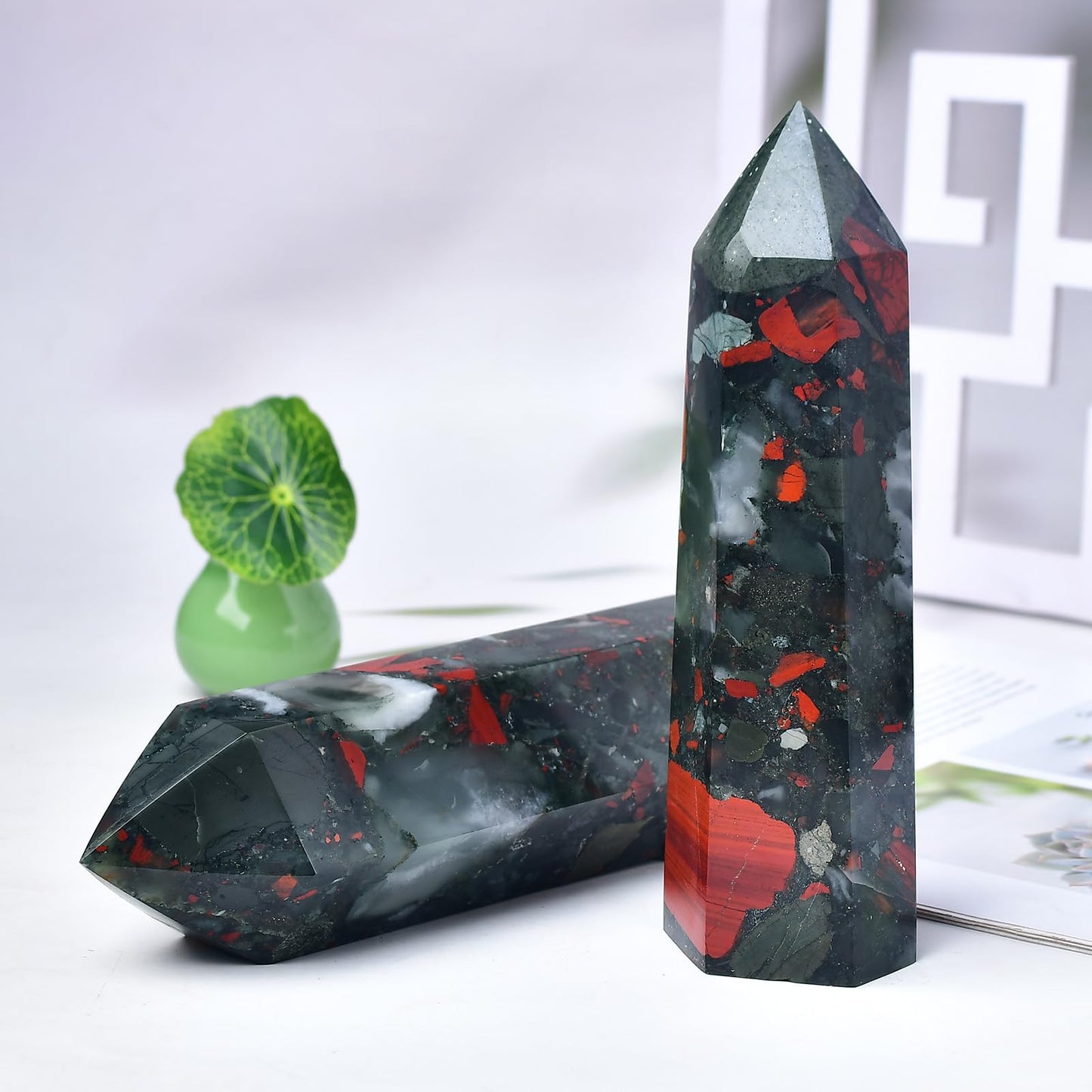 FZBHRO Large Crystal Towers Africa Blood Stone 6 Faceted Quartz Point Obelisk Red Healing Crystal Wand 0.8-1.3 Pound