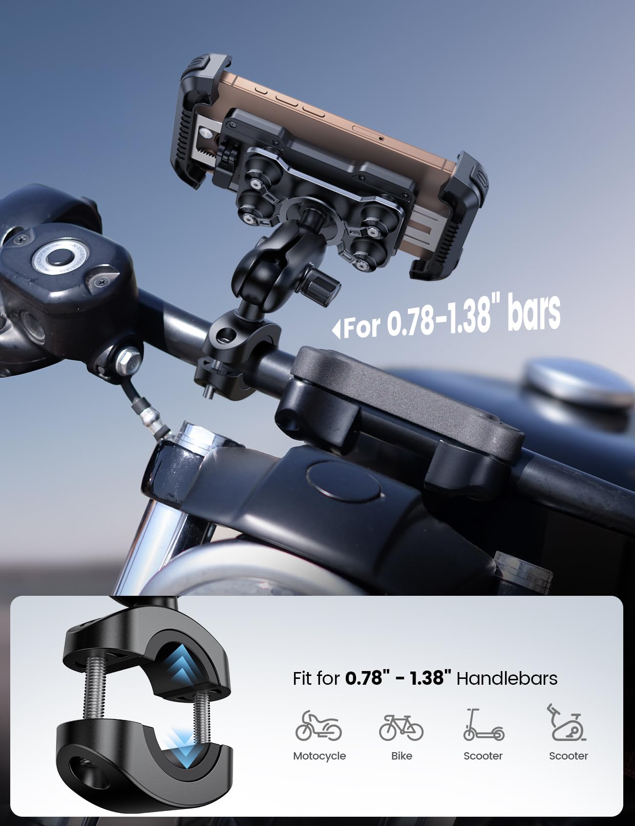Lamicall Motorcycle Phone Mount Holder - [Dual Vibration Dampener] [Metal Adjustment Arm] Motorcycle Cell Phone Holder, Bike Handlebar Phone Mount, Gifts for iPhone 16 15 14 Pro Max, 4.7-6.7" Phones