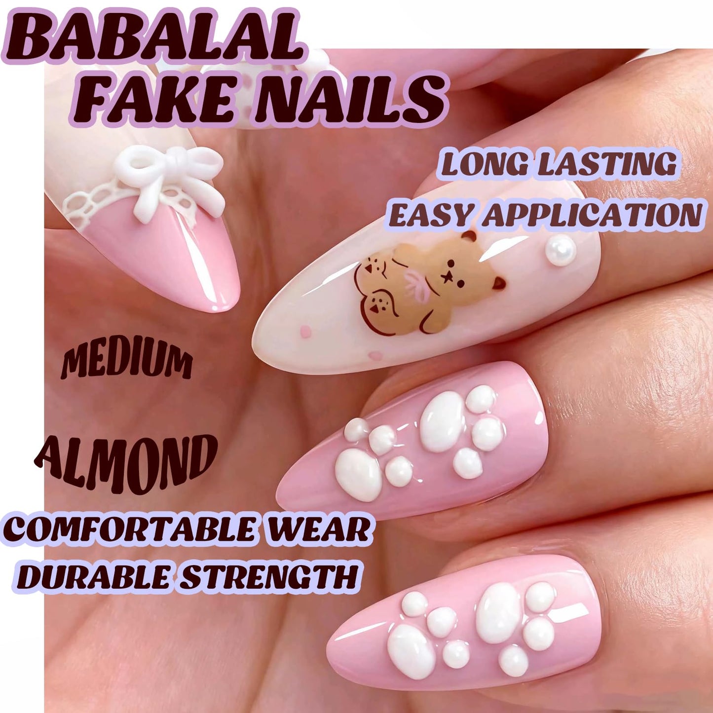BABALAL Kawaii Bear Press On Nails, Almond Fake Nails with 3D Bow & Paw Print, Pink French Acrylic Full Cover Stick On Nails for Women 24Pcs